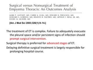 The treatment of ET is complex. Failure to adequately evacuate
the pleural space and/or persistent signs of infection should
prompt surgical intervention.
Surgical therapy is preferred for advanced stages of ET.
Delaying definitive surgical treatment is largely responsible for
prolonging hospital course.
[Am J Med Sci 2003;326(1):9–14.]
 
