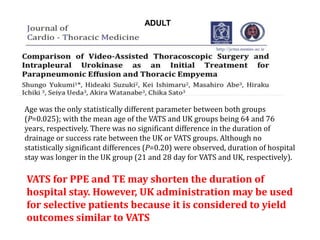 VATS for PPE and TE may shorten the duration of
hospital stay. However, UK administration may be used
for selective patients because it is considered to yield
outcomes similar to VATS
Age was the only statistically different parameter between both groups
(P=0.025); with the mean age of the VATS and UK groups being 64 and 76
years, respectively. There was no significant difference in the duration of
drainage or success rate between the UK or VATS groups. Although no
statistically significant differences (P=0.20) were observed, duration of hospital
stay was longer in the UK group (21 and 28 day for VATS and UK, respectively).
ADULT
 