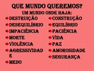 Que mundo queremos?
Um mundo onde haja:
Destruição Construção
Desequilíbrio Equilíbrio
Impaciência Paciência
Morte Vida
Violência Paz
Agressividad Amorosidade
e Segurança
Medo