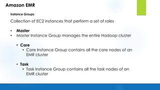 Amazon EMR
Instance Groups
Collection of EC2 instances that perform a set of roles
• Master
• Master Instance Group manages the entire Hadoop cluster
• Core
• Core Instance Group contains all the core nodes of an
EMR cluster
• Task
• Task Instance Group contains all the task nodes of an
EMR cluster
 