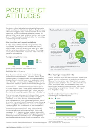 4  ERICSSON MOBILITY REPORT INDIA JUNE 2016
Over 70 percent of Indian internet users consider being
contactable online as important. Consumers in India rely on
reviews posted on online forums and express their views on
blogs and social networks. Social forum feedback is trusted
more than other sources, and around 90 percent of internet
users in India are part of at least one social networking group.5
Consumers use e-commerce websites and mobile apps to
purchase products online. Online product reviews influence
purchasing, with over 25 percent of users in India relying on
the internet to research products and services before buying.5
Smartphone usage is increasing in India, specifically among
younger generations; with over 77 percent of smartphone
users aged 15–24 years old using the internet on their
smartphone every day. Smartphones are also widely used to
browse the internet, with over 71 percent of consumers using
it on a weekly basis, while more than one in two smartphone
users play games and access emails on their smartphone.5
This increasing mobile broadband usage is also facilitating
m-commerce activities. Around 40 percent of smartphone
users aged 15–24 years old purchase products using mobile
payments on a weekly basis. Mobile banking activities are also
increasing, with over 30 percent of users accessing banking
websites via their smartphone, or using mobile banking apps.5
Music streaming is more popular in India
In India, streaming music and watching videos are the most
popular forms of entertainment on smartphones. Around
50 percent of smartphone users stream music on mobile
apps every week, and more than one in two internet users
watch short online video clips on a weekly basis. The
percentage of smartphone users streaming online music
and watching full-length online videos in India is higher
than the global average.
Consumers in India believe that technology could improve the
quality and efficiency of their day-to-day lives. They feel secure
when purchasing products or services on mobile devices, and
believe that connecting household appliances, gadgets and
services to the internet would benefit the economy and society.
Over the past five years, they also believe that their technology
usage has significantly increased.
Internet activity is catching up with global levels
In India, one out of three internet users goes online daily,
compared to almost half globally.5
However, the nation’s
internet usage is catching up, and those aged 16–34 years
old have a high dependence on online access. The average
weekly time spent online has increased in India, but is still
below the global average.
Positive ICT
attitudes
Positive attitude towards technology
Connecting household
appliances, gadgets and
services to the internet
would benefit the
economy and society
India
60%
Global
36%
India
63%
Global
44%ICT helps me lead
a more successful life
through technology
I feel secure purchasing
products/services on
my mobile devices
India
61%
Global
26%
Source: Ericsson ConsumerLab Analytical Platform (2015),
24 countries including India
Base: Internet users, 15–69 years old
Source: Ericsson ConsumerLab Analytical Platform (2015),
24 countries including India
Base: Internet users, 15–69 years old
6
11
2010 2015
20
17
Average weekly internet hours
Global
India
5 Ericsson ConsumerLab Analytical Platform (2015), 24 countries including India
GlobalIndia
Source: Ericsson ConsumerLab Analytical Platform (2015),
24 countries including India
Base: Smartphone users, 15–69 years old
Weekly smartphone entertainment activities
(percentage of smartphone users)
100 20 5030 40 7060
Video clips
Online music
streaming
Movies, TV
and sports
 