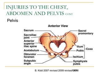 B. Kidd 2007 revised 2009 revised 20101009
INJURIES TO THE CHEST,
ABDOMEN AND PELVIS CONT
Pelvis
 