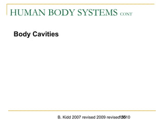 B. Kidd 2007 revised 2009 revised 2010155
HUMAN BODY SYSTEMS CONT
Body Cavities
 