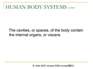 B. Kidd 2007 revised 2009 revised 2010157
HUMAN BODY SYSTEMS CONT
The cavities, or spaces, of the body contain
the internal organs, or viscera.
 