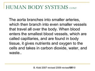 B. Kidd 2007 revised 2009 revised 2010161
HUMAN BODY SYSTEMS CONT
The aorta branches into smaller arteries,
which then branch into even smaller vessels
that travel all over the body. When blood
enters the smallest blood vessels, which are
called capillaries, and are found in body
tissue, it gives nutrients and oxygen to the
cells and takes in carbon dioxide, water, and
waste..
 
