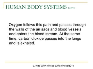B. Kidd 2007 revised 2009 revised 2010167
HUMAN BODY SYSTEMS CONT
Oxygen follows this path and passes through
the walls of the air sacs and blood vessels
and enters the blood stream. At the same
time, carbon dioxide passes into the lungs
and is exhaled.
 