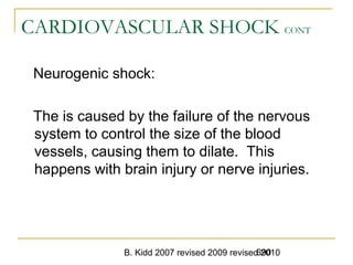 B. Kidd 2007 revised 2009 revised 2010690
CARDIOVASCULAR SHOCK CONT
Neurogenic shock:
The is caused by the failure of the nervous
system to control the size of the blood
vessels, causing them to dilate. This
happens with brain injury or nerve injuries.
 