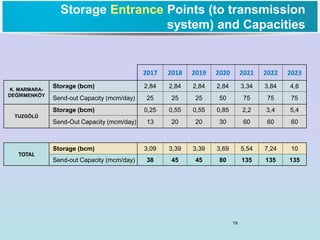 19
2017 2018 2019 2020 2021 2022 2023
K. MARMARA-
DEĞİRMENKÖY
Storage (bcm) 2,84 2,84 2,84 2,84 3,34 3,84 4,6
Send-out Capacity (mcm/day) 25 25 25 50 75 75 75
TUZGÖLÜ
Storage (bcm) 0,25 0,55 0,55 0,85 2,2 3,4 5,4
Send-Out Capacity (mcm/day) 13 20 20 30 60 60 60
TOTAL
Storage (bcm) 3,09 3,39 3,39 3,69 5,54 7,24 10
Send-out Capacity (mcm/day) 38 45 45 80 135 135 135
Storage Entrance Points (to transmission
system) and Capacities
 