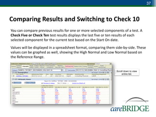 37



Comparing Results and Switching to Check 10
You can compare previous results for one or more selected components of a test. A
Check Five or Check Ten test results displays the last five or ten results of each
selected component for the current test based on the Start On date.
Values will be displayed in a spreadsheet format, comparing them side-by-side. These
values can be graphed as well, showing the High Normal and Low Normal based on
the Reference Range.


                                                                 Scroll down to view
                                                                     entire list.
 
