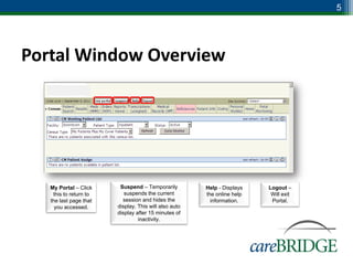 5




Portal Window Overview




   My Portal – Click     Suspend – Temporarily         Help - Displays   Logout –
    this to return to      suspends the current        the online help    Will exit
   the last page that     session and hides the          information.     Portal.
     you accessed.      display. This will also auto
                        display after 15 minutes of
                                 inactivity.
 