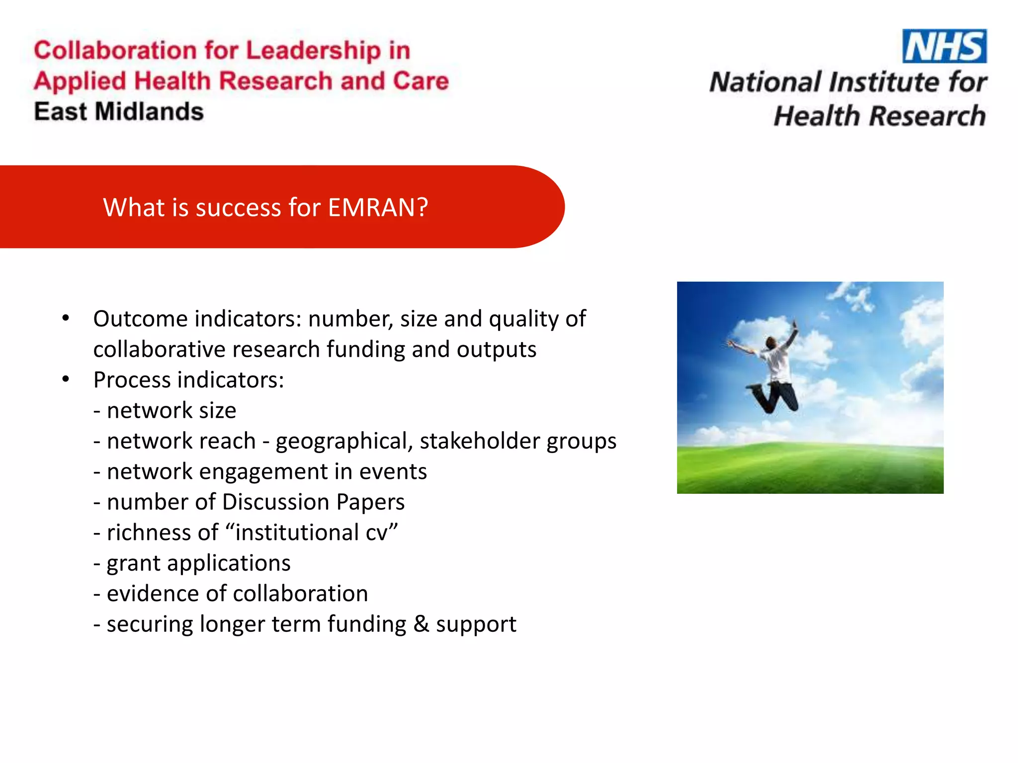 What is success for EMRAN?
• Outcome indicators: number, size and quality of
collaborative research funding and outputs
• Process indicators:
- network size
- network reach - geographical, stakeholder groups
- network engagement in events
- number of Discussion Papers
- richness of “institutional cv”
- grant applications
- evidence of collaboration
- securing longer term funding & support
 