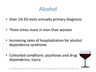 • Over 1% ED visits annually primary diagnosis
• Three times more in men than women
• Increasing rates of hospitalization for alcohol
dependence syndrome
• Comorbid conditions: psychoses and drug
dependence, injury
Alcohol
NATIONWIDE EMERGENCY DEPARTMENT SAMPLE (NEDS) AND NATIONWIDE INPATIENT SAMPLE (NIS), 2013
 