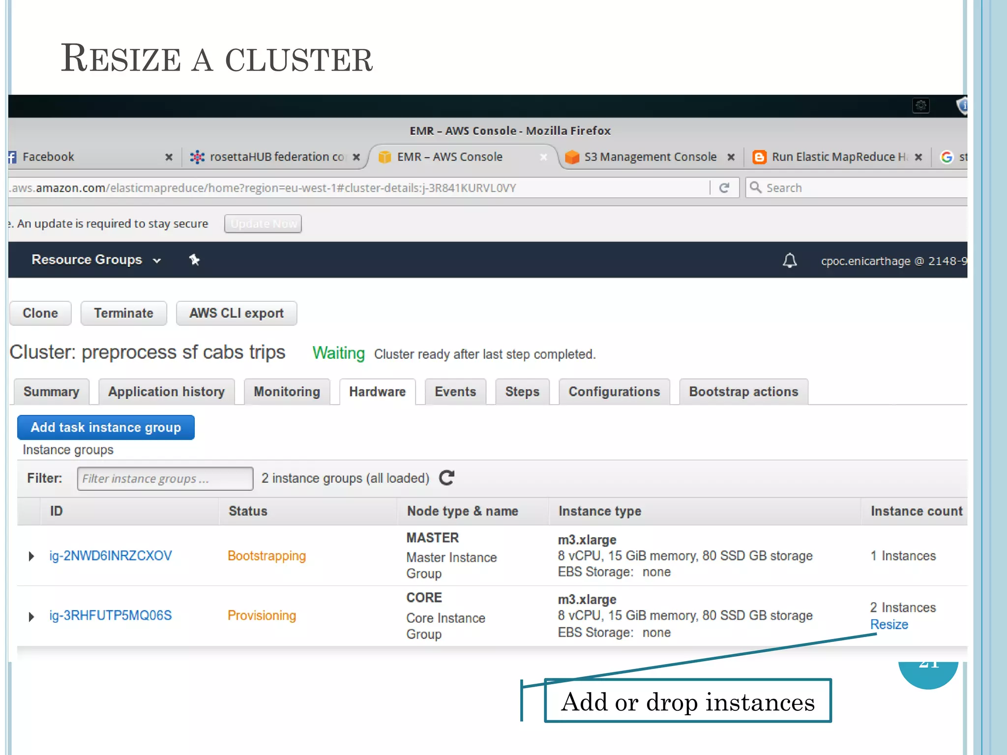 RESIZE A CLUSTER
21
Add or drop instances
 