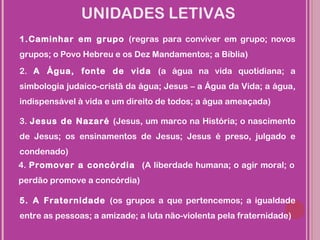 UNIDADES LETIVAS
1.Caminhar em grupo (regras para conviver em grupo; novos
grupos; o Povo Hebreu e os Dez Mandamentos; a Bíblia)
2. A Água, fonte de vida (a água na vida quotidiana; a
simbologia judaico-cristã da água; Jesus – a Água da Vida; a água,
indispensável à vida e um direito de todos; a água ameaçada)

3. Jesus de Nazaré (Jesus, um marco na História; o nascimento
de Jesus; os ensinamentos de Jesus; Jesus é preso, julgado e
condenado)
4. Promover a concórdia (A liberdade humana; o agir moral; o
perdão promove a concórdia)

5. A Fraternidade (os grupos a que pertencemos; a igualdade
entre as pessoas; a amizade; a luta não-violenta pela fraternidade)
 