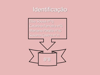 Identificação
Elsa Sousa nº13
Catarina Ferreira nº6
Mariana Patela nº16
Susana Castro nº21




        8ºB
 