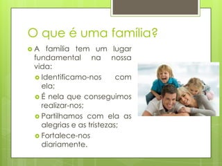 O que é uma família?
A

família tem um lugar
fundamental na nossa
vida:
 Identificamo-nos
com
ela;
 É nela que conseguimos
realizar-nos;
 Partilhamos com ela as
alegrias e as tristezas;
 Fortalece-nos
diariamente.

 
