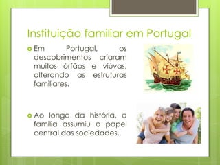 Instituição familiar em Portugal
 Em

Portugal,
os
descobrimentos criaram
muitos órfãos e viúvas,
alterando as estruturas
familiares.

 Ao

longo da história, a
família assumiu o papel
central das sociedades.

 