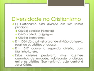 Diversidade no Cristianismo


O Cristianismo está dividido em três ramos
principais:









Cristãos católicos (romanos)
Cristãos ortodoxos (gregos)
Cristãos protestantes

Em 1054 dá a primeira grande divisão da Igreja,
surgindo os cristãos ortodoxos.
Em 1517 ocorre a segunda divisão, com
Martinho Lutero.
Estas
divisões
perduram,
mas
fazem-se
caminhos de unidade, valorizando o diálogo
entre os cristãos (Ecumenismo), cujo centro é
Jesus Cristo.

 