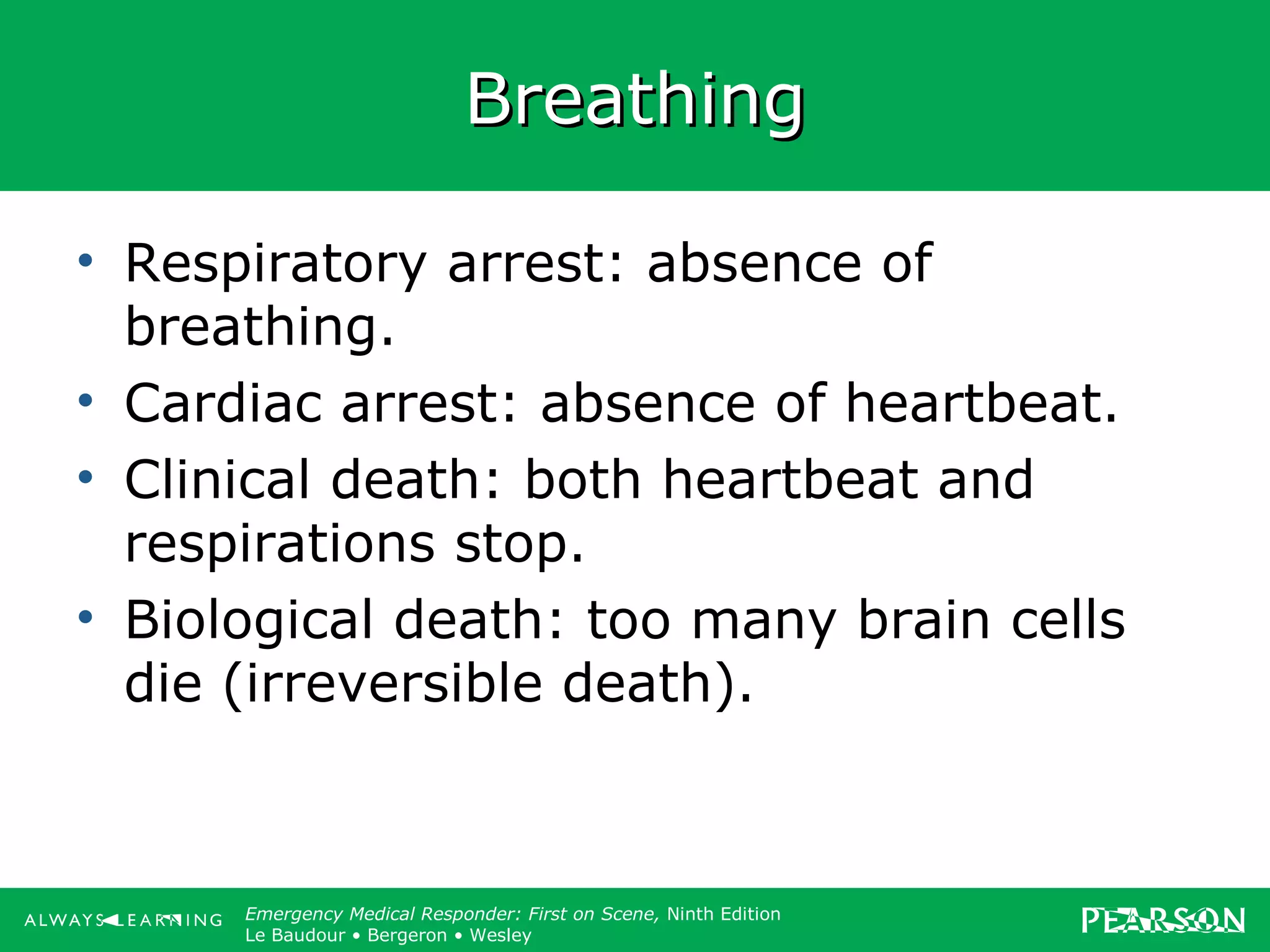 Copyright ©2012 by Pearson Education, Inc.
All rights reserved.
Emergency Care, Twelfth Edition
Daniel J. Limmer • O’Keefe • Grant • Murray • Bergeron • Dickinson
Emergency Medical Responder: First on Scene, Ninth Edition
Le Baudour • Bergeron • Wesley
BreathingBreathing
• Respiratory arrest: absence of
breathing.
• Cardiac arrest: absence of heartbeat.
• Clinical death: both heartbeat and
respirations stop.
• Biological death: too many brain cells
die (irreversible death).
 