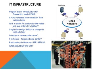 IT INFRASTRUCTURE
Prepare the IT infrastructure for
Transaction load of EMR
CPOE increases the transaction load
multiple times
Wi-fi in wards for doctors to take notes
and give orders thru tablets?
Single site design difficult to change to
multi-site later
In-house or remote data center?
If In-house – hardened data center?
Redundancy in Network – ISP? MPLS?
What about BCP and DR?
 