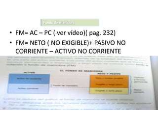 • FM= AC – PC ( ver vídeo)( pag. 232)
• FM= NETO ( NO EXIGIBLE)+ PASIVO NO
  CORRIENTE – ACTIVO NO CORRIENTE
 