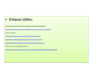 • Enlaces útiles:
Documentación necesaria para realizar el balance y cuenta de pérdidas y ganancias

http://lasvacasnovuelan.blogspot.com.es/2012/03/documentacion-necesaria-para-realizar.html

Ejercicios de balance:

http://lasvacasnovuelan.blogspot.com.es/2012/01/ejercicio-balance.html

http://lasvacasnovuelan.blogspot.com.es/2012/01/ejercicios-balance-2.html

http://lasvacasnovuelan.blogspot.com.es/2012/01/plantilla-examen-balance.html

Ejercicios de la cuenta de pérdidas y ganancias:

http://www.iespuerto.com/depart/econom/curso10-11/soluciones%20PAU/perdidas%20y%20ganancias.pdf
 