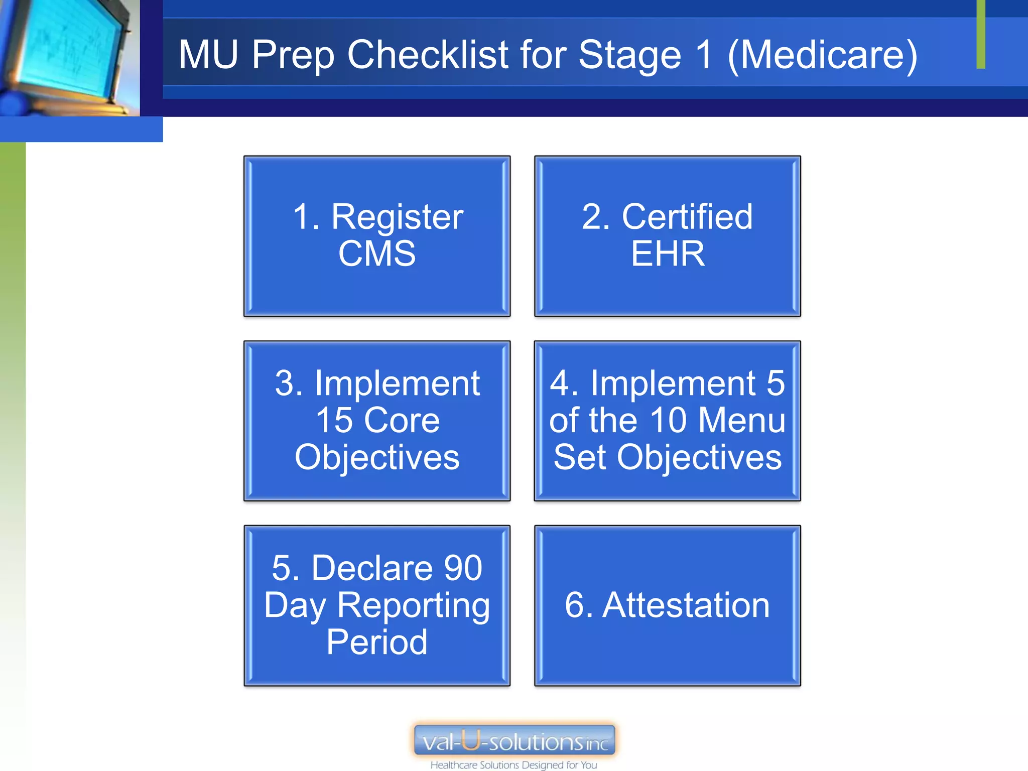 MU Prep Checklist for Stage 1 (Medicare)



      1. Register    2. Certified
         CMS            EHR


     3. Implement   4. Implement 5
        15 Core     of the 10 Menu
      Objectives    Set Objectives


    5. Declare 90
    Day Reporting   6. Attestation
        Period
 
