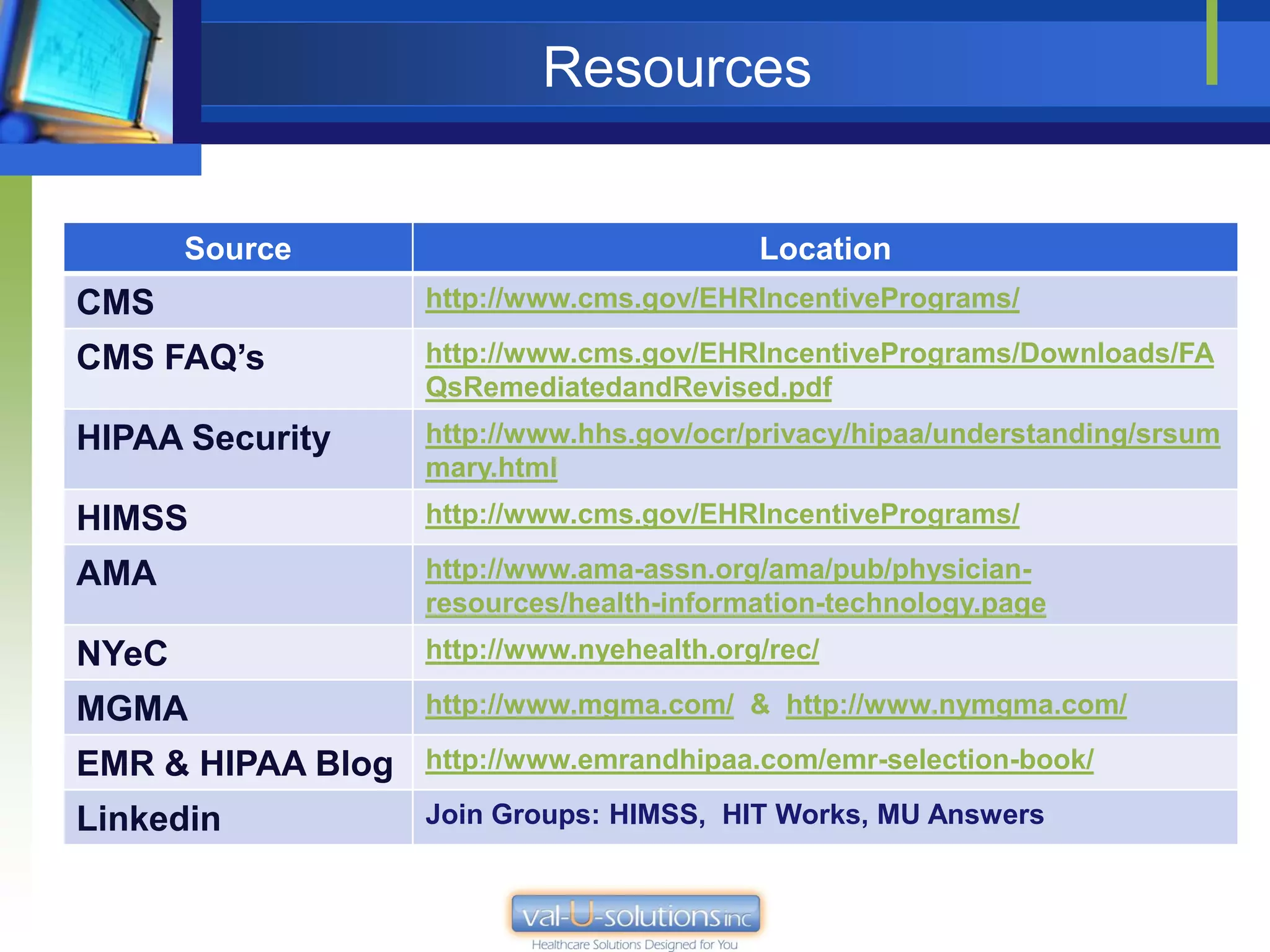 Resources


       Source                              Location
CMS                http://www.cms.gov/EHRIncentivePrograms/

CMS FAQ’s          http://www.cms.gov/EHRIncentivePrograms/Downloads/FA
                   QsRemediatedandRevised.pdf
HIPAA Security     http://www.hhs.gov/ocr/privacy/hipaa/understanding/srsum
                   mary.html
HIMSS              http://www.cms.gov/EHRIncentivePrograms/

AMA                http://www.ama-assn.org/ama/pub/physician-
                   resources/health-information-technology.page
NYeC               http://www.nyehealth.org/rec/

MGMA               http://www.mgma.com/ & http://www.nymgma.com/

EMR & HIPAA Blog   http://www.emrandhipaa.com/emr-selection-book/

Linkedin           Join Groups: HIMSS, HIT Works, MU Answers
 