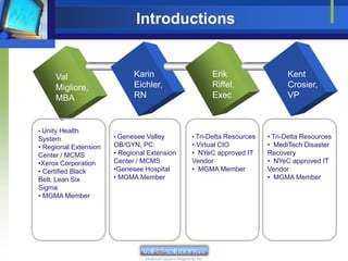 Introductions


      Val                    Karin                  Erik                    Kent
      Migliore,              Eichler,               Riffel,                 Crosier,
      MBA                    RN                     Exec                    VP



• Unity Health
System                 • Genesee Valley       • Tri-Delta Resources   • Tri-Delta Resources
• Regional Extension   OB/GYN, PC:            • Virtual CIO           • MediTech Disaster
Center / MCMS          • Regional Extension   • NYeC approved IT      Recovery
•Xerox Corporation     Center / MCMS          Vendor                  • NYeC approved IT
• Certified Black      •Genesee Hospital      • MGMA Member           Vendor
Belt, Lean Six         • MGMA Member                                  • MGMA Member
Sigma
• MGMA Member
 