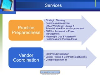 Services


               • Strategic Planning
               • Readiness Assessment
               • Office Workflows: Clinical &
   Practice      Administrative Process Improvement
               • EHR Implementation Project
Preparedness     Management
               • Meaningful Use & Attestation
                 Readiness and Preparedness




               • EHR Vendor Selection
  Vendor       • Vendor Pricing & Contract Negotiations
Coordination   • Collaboration with IT
 