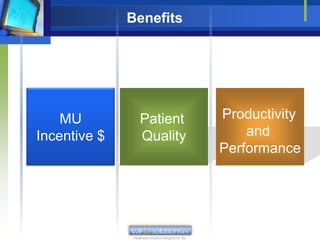 Benefits




    MU         Patient   Productivity
Incentive $    Quality       and
                         Performance
 