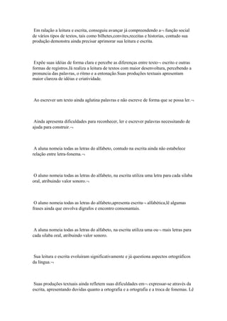 Em ralação a leitura e escrita, conseguiu avançar já compreendendo a¬ função social
de vários tipos de textos, tais como bilhetes,convites,receitas e historias, contudo sua
produção demonstra ainda precisar aprimorar sua leitura e escrita.
Expõe suas idéias de forma clara e percebe as diferenças entre texto¬ escrito e outras
formas de registros.Já realiza a leitura de textos com maior desenvoltura, percebendo a
pronuncia das palavras, o ritmo e a entonação.Suas produções textuais apresentam
maior clareza de idéias e criatividade.
Ao escrever um texto ainda aglutina palavras e não escreve de forma que se possa ler.¬
Ainda apresenta dificuldades para reconhecer, ler e escrever palavras necessitando de
ajuda para construir.¬
A aluna nomeia todas as letras do alfabeto, contudo na escrita ainda não estabelece
relação entre letra-fonema.¬
O aluno nomeia todas as letras do alfabeto, na escrita utiliza uma letra para cada silaba
oral, atribuindo valor sonoro.¬
O aluno nomeia todas as letras do alfabeto,apresenta escrita¬ alfabética,lê algumas
frases ainda que envolva dígrafos e encontro consonantais.
A aluna nomeia todas as letras do alfabeto, na escrita utiliza uma ou¬ mais letras para
cada silaba oral, atribuindo valor sonoro.
Sua leitura e escrita evoluíram significativamente e já questiona aspectos ortográficos
da língua.¬
Suas produções textuais ainda refletem suas dificuldades em¬ expressar-se através da
escrita, apresentando duvidas quanto a ortografia e a ortografia e a troca de fonemas. Lê
 