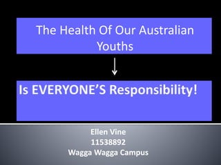 The Health Of Our Australian
Youths
Ellen Vine
11538892
Wagga Wagga Campus
 