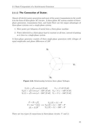 2.1 Main Components of a Synchronous Generator
2.1.1.2 The Connection of Stator:
Almost all electric power generation and most of the power transmission in the world
is in the form of three-phase AC circuits. A three-phase AC system consists of three-
phase generators, transmission lines, and loads.There are two major advantages of
three-phase systems over a single-phase system:
1. More power per kilogram of metal form a three-phase machine
2. Power delivered to a three-phase load is constant at all time, instead of pulsing
as it does in a single-phase system
A three-phase generator consists of three single-phase generators with voltages of
equal amplitudes and phase diﬀerences of 120◦
Figure 2.6: Relationship between three phase Voltages
VA(t) =
√
2 ∗ sin (ωt) [V olt] VA = V ∠0◦
[V olt]
VB(t) =
√
2 ∗ sin (ωt − 120◦
) [V olt] VB = V ∠ − 120◦
[V olt]
VC(t) =
√
2 ∗ sin (ωt − 240◦
) [V olt] VC = V ∠ − 240◦
[V olt]
Z = R + jX
θ = tan−1 jX
R
|Z| = Z∠θ◦
=⇒
VA/|Z| = I∠ − θ◦
VB/|Z| = I∠ − 120◦
− θ◦
VC/|Z| = I∠ − 240◦
− θ◦
There are two types of connections in three-phase circuits: Y and :
19
 