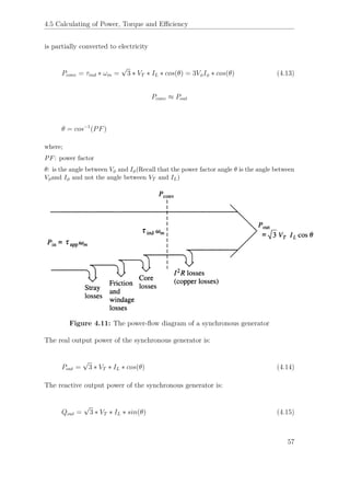 4.5 Calculating of Power, Torque and Eﬃciency
is partially converted to electricity
Pconv = τind ∗ ωm =
√
3 ∗ VT ∗ IL ∗ cos(θ) = 3VφIφ ∗ cos(θ) (4.13)
Pconv ≈ Pout
θ = cos−1
(PF)
where;
PF: power factor
θ: is the angle between Vφ and Iφ(Recall that the power factor angle θ is the angle between
Vφand Iφ and not the angle between VT and IL)
Figure 4.11: The power-ﬂow diagram of a synchronous generator
The real output power of the synchronous generator is:
Pout =
√
3 ∗ VT ∗ IL ∗ cos(θ) (4.14)
The reactive output power of the synchronous generator is:
Qout =
√
3 ∗ VT ∗ IL ∗ sin(θ) (4.15)
57
 