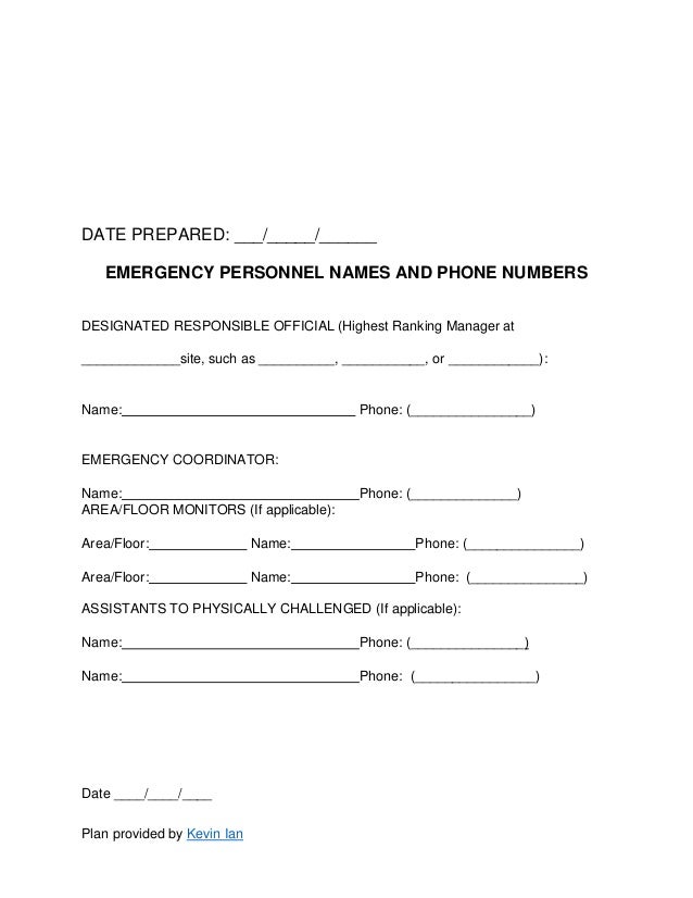 sample emergency action plans