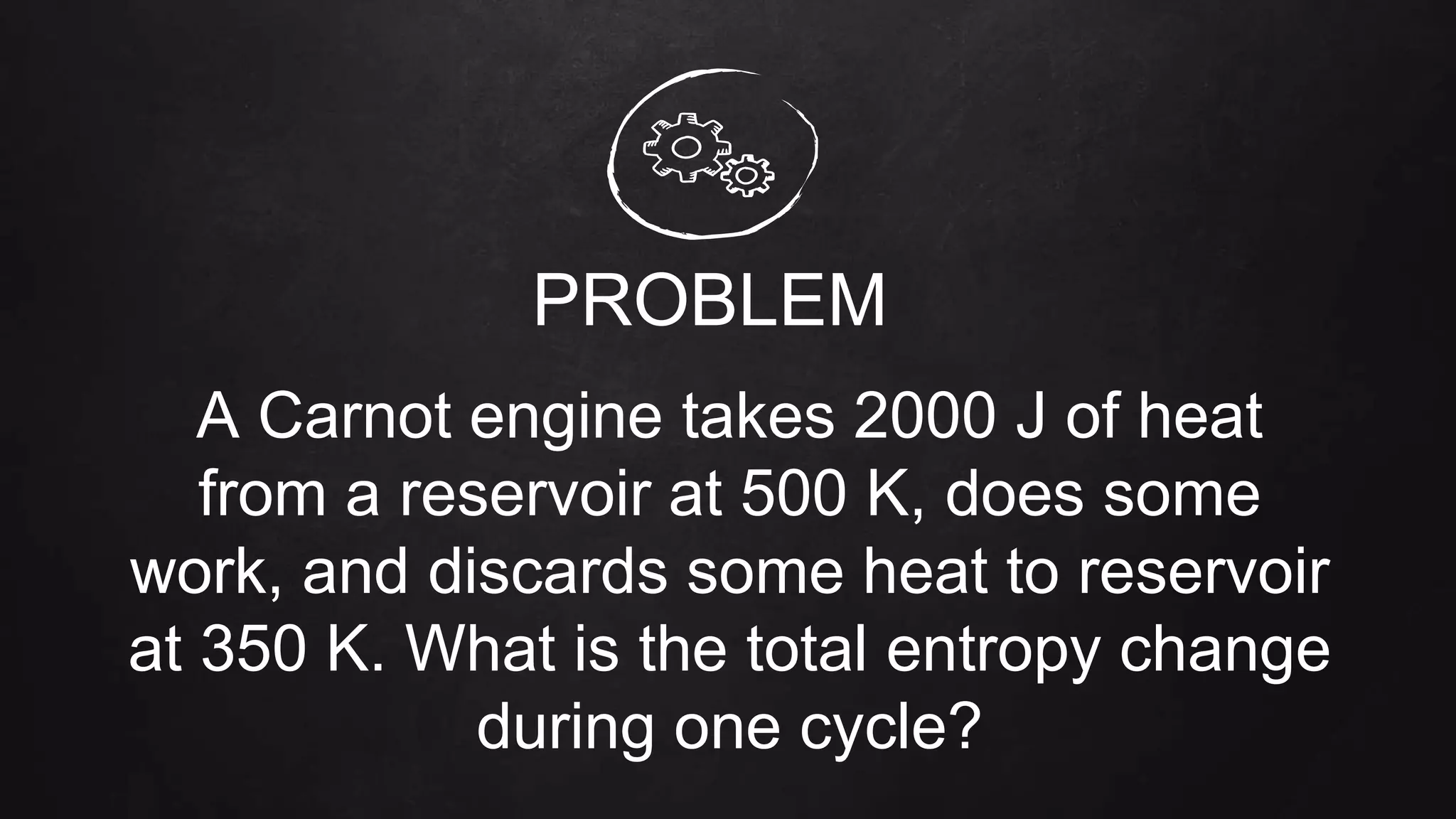 PROBLEM
A Carnot engine takes 2000 J of heat
from a reservoir at 500 K, does some
work, and discards some heat to reservoir
at 350 K. What is the total entropy change
during one cycle?
 