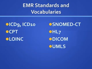 EMR Standards and
         Vocabularies

ICD9, ICD10    SNOMED-CT
CPT            HL7
LOINC          DICOM
                UMLS
 