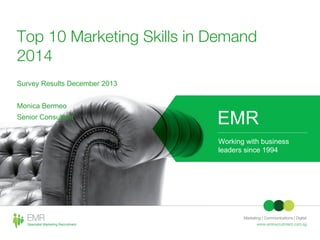 Top 10 Marketing Skills in Demand
2014
Survey Results December 2013
Monica Bermeo
Senior Consultant

EMR
Working with business
leaders since 1994

 