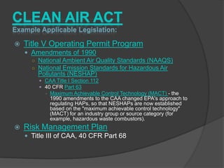 CLEAN AIR ACT
Example Applicable Legislation:

   Title V Operating Permit Program
     Amendments of 1990
      ○ National Ambient Air Quality Standards (NAAQS)
      ○ National Emission Standards for Hazardous Air
        Pollutants (NESHAP)
         CAA Title I Section 112
         40 CFR Part 63
           - Maximum Achievable Control Technology (MACT) - the
             1990 amendments to the CAA changed EPA's approach to
             regulating HAPs, so that NESHAPs are now established
             based on the "maximum achievable control technology"
             (MACT) for an industry group or source category (for
             example, hazardous waste combustors).
   Risk Management Plan
     Title III of CAA, 40 CFR Part 68
 