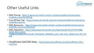 Other Useful Links
• EMS Pricing - https://www.microsoft.com/en-in/cloud-platform/enterprise-
mobility-security-pricing
• Free 90 Day Trial - https://www.microsoft.com/en-in/cloud-platform/enterprise-
mobility-security
• EMS Resources - https://www.microsoft.com/en-us/cloud-platform/enterprise-
mobility-security-resources
• EMS Datasheet - http://download.microsoft.com/download/F/E/5/FE5E76B0-
D26B-4B54-A3EC-
7B8B6D858800/Microsoft_Enterprise_Mobility_plus_Security_datasheet_EN_US.
pdf
• CloudFronts SUCCESS Story - http://www.cloudfronts.com/cloudfronts-ems-
success/
 