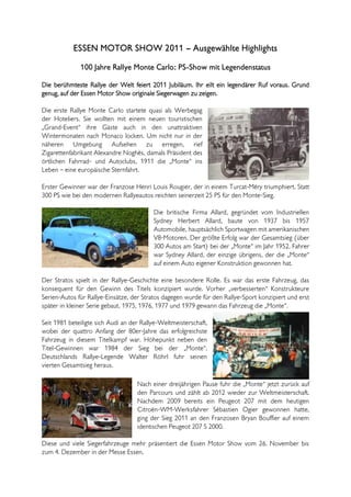 ESSEN MOTOR SHOW 2011 – Ausgewählte Highlights
              100 Jahre Rallye Monte Carlo: PS-Show mit Legendenstatus

Die...