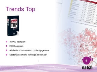 Trends Top




 30.000 bedrijven

 2.000 pagina’s

 Alfabetisch klassement: contactgegevens

 Sectorklassement: rankings 2...
