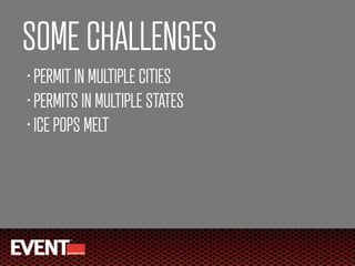 SOME CHALLENGES
• PERMIT IN MULTIPLE CITIES
• PERMITS IN MULTIPLE STATES

• ICE POPS MELT
 