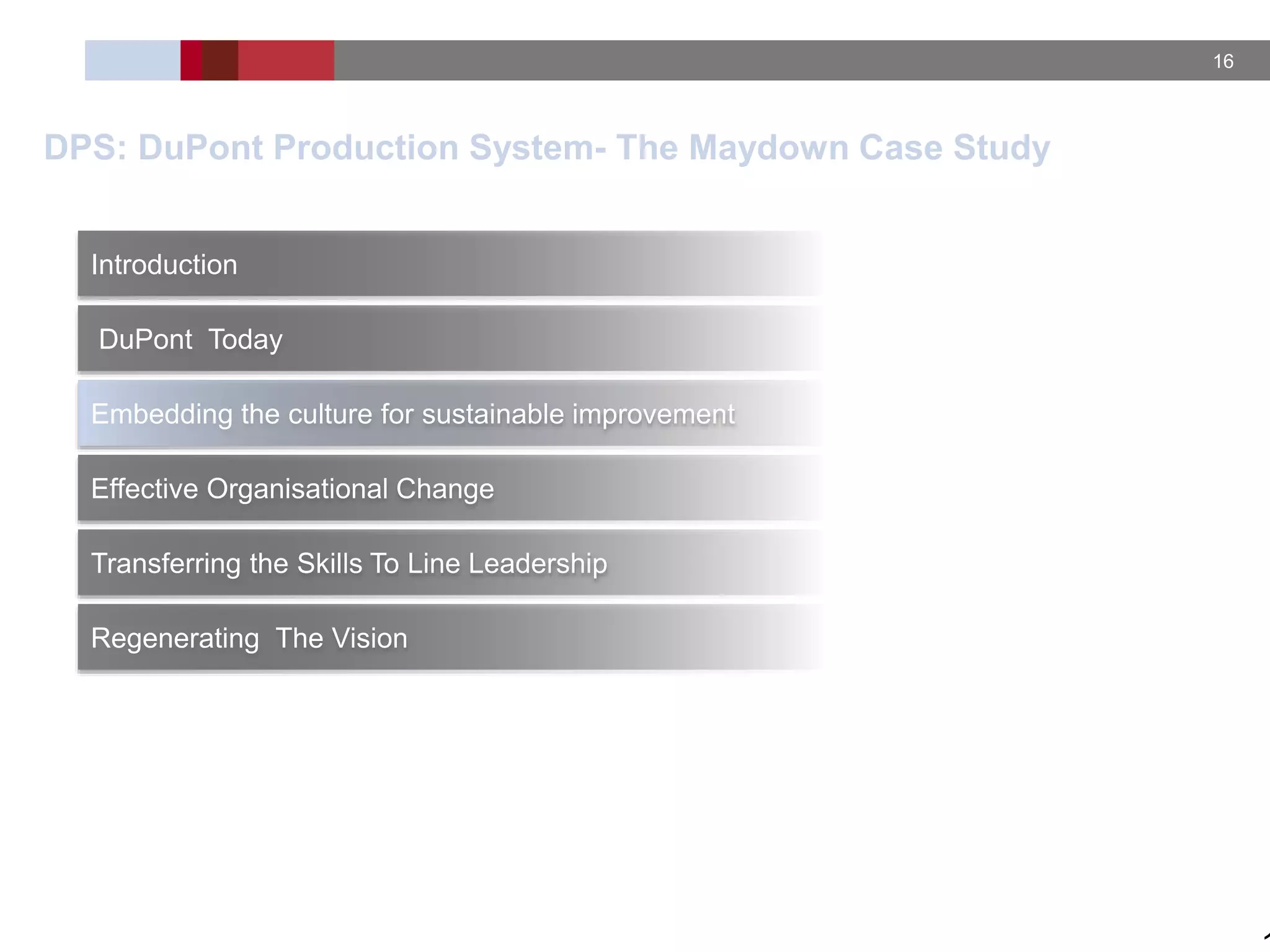 16
DPS: DuPont Production System- The Maydown Case Study
Introduction
DuPont Today
Embedding the culture for sustainable improvement
Transferring the Skills To Line Leadership
Regenerating The Vision
Effective Organisational Change
 