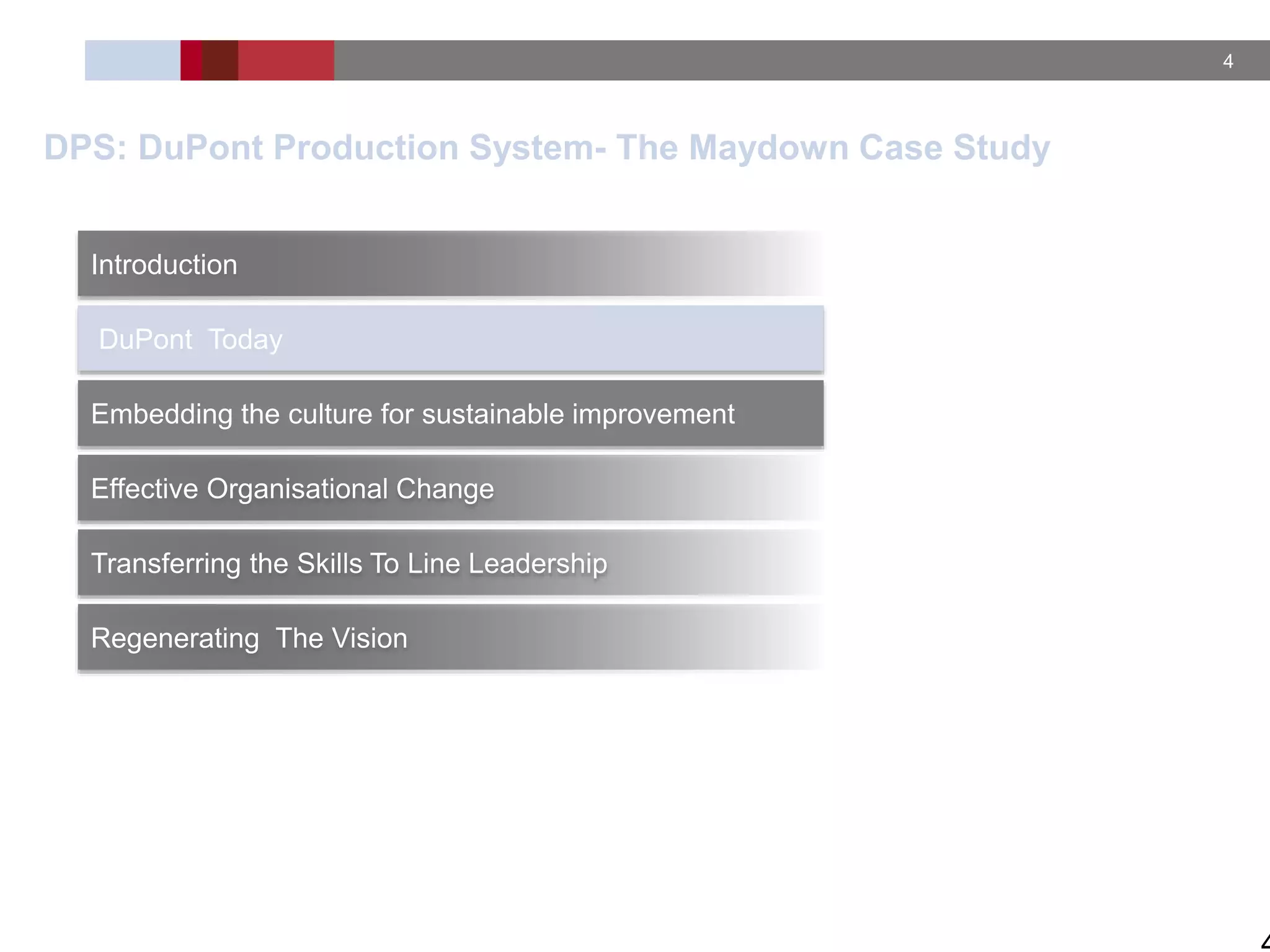 4
DPS: DuPont Production System- The Maydown Case Study
Introduction
DuPont Today
Embedding the culture for sustainable improvement
Transferring the Skills To Line Leadership
Regenerating The Vision
Effective Organisational Change
 