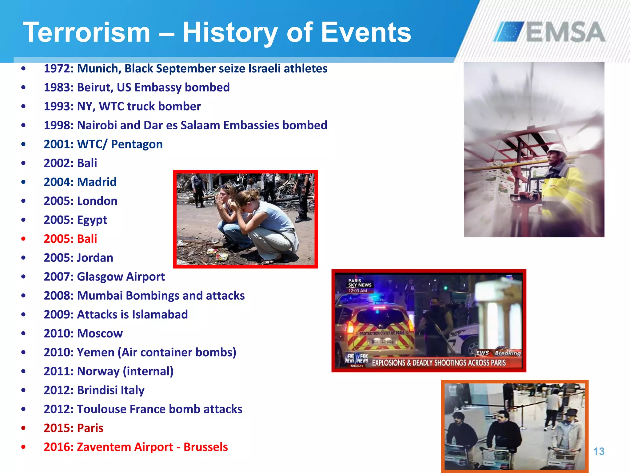 13
Terrorism – History of Events
• 1972: Munich, Black September seize Israeli athletes
• 1983: Beirut, US Embassy bombed
• 1993: NY, WTC truck bomber
• 1998: Nairobi and Dar es Salaam Embassies bombed
• 2001: WTC/ Pentagon
• 2002: Bali
• 2004: Madrid
• 2005: London
• 2005: Egypt
• 2005: Bali
• 2005: Jordan
• 2007: Glasgow Airport
• 2008: Mumbai Bombings and attacks
• 2009: Attacks is Islamabad
• 2010: Moscow
• 2010: Yemen (Air container bombs)
• 2011: Norway (internal)
• 2012: Brindisi Italy
• 2012: Toulouse France bomb attacks
• 2015: Paris
• 2016: Zaventem Airport - Brussels
 