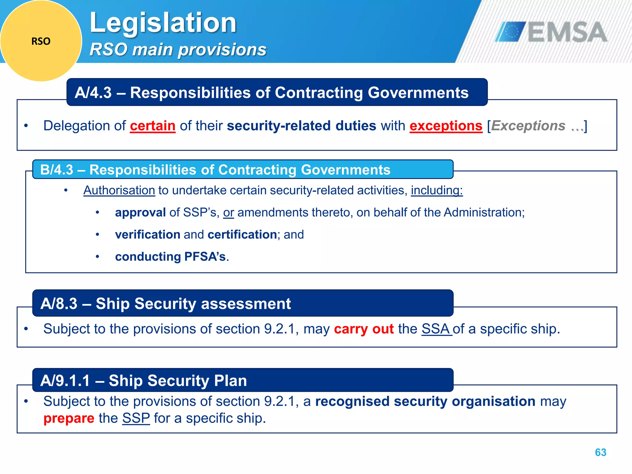 63
Legislation
RSO main provisions
• Authorisation to undertake certain security-related activities, including:
• approval of SSP’s, or amendments thereto, on behalf of the Administration;
• verification and certification; and
• conducting PFSA’s.
• Delegation of certain of their security-related duties with exceptions [Exceptions …]
A/4.3 – Responsibilities of Contracting Governments
B/4.3 – Responsibilities of Contracting Governments
• Subject to the provisions of section 9.2.1, may carry out the SSA of a specific ship.
A/8.3 – Ship Security assessment
• Subject to the provisions of section 9.2.1, a recognised security organisation may
prepare the SSP for a specific ship.
A/9.1.1 – Ship Security Plan
RSO
 