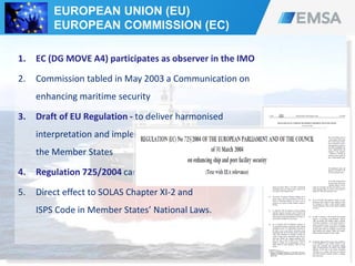 38
1. EC (DG MOVE A4) participates as observer in the IMO
2. Commission tabled in May 2003 a Communication on
enhancing maritime security
3. Draft of EU Regulation - to deliver harmonised
interpretation and implementation of SOLAS/ISPS by
the Member States
4. Regulation 725/2004 came into force on 19 May 2004
5. Direct effect to SOLAS Chapter XI-2 and
ISPS Code in Member States’ National Laws.
EUROPEAN UNION (EU)
EUROPEAN COMMISSION (EC)
 