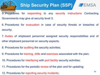 55
Ship Security Plan (SSP)
5. Procedures for responding to any security instructions Contracting
Governments may give at security level 3;
6. Procedures for evacuation in case of security threats or breaches of
security;
7. Duties of shipboard personnel assigned security responsibilities and of
other shipboard personnel on security aspects;
8. Procedures for auditing the security activities;
9. Procedures for training, drills and exercises associated with the plan;
10. Procedures for interfacing with port facility security activities;
11. Procedures for the periodic review of the plan and for updating;
12. Procedures for reporting security incidents;
 